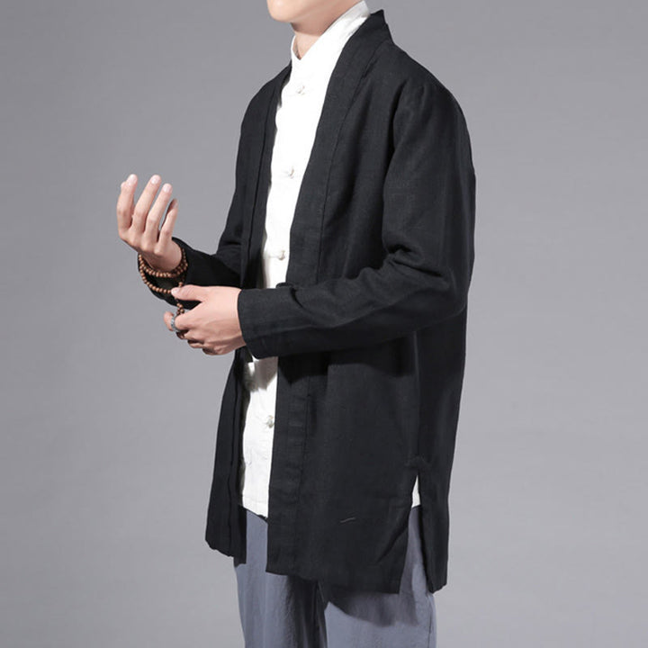 Buddha Stones Casual Plain Simple Design Open Front Cotton Linen Men's Long Sleeve Jacket Kimono - image 17