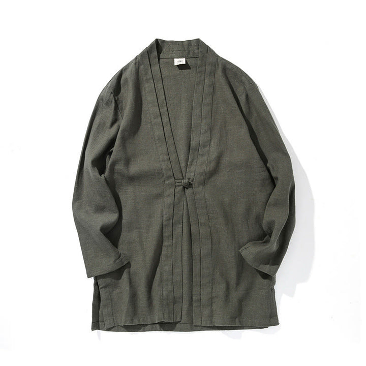 Buddha Stones Casual Plain Simple Design Open Front Cotton Linen Men's Long Sleeve Jacket Kimono - image 11