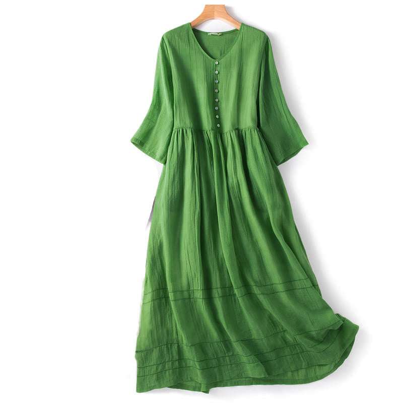 Buddha Stones Summer V-Neck Design Half Sleeve Cotton Midi Dress - Green - US12，UK/AU16，EU44 (2XL) - image 1