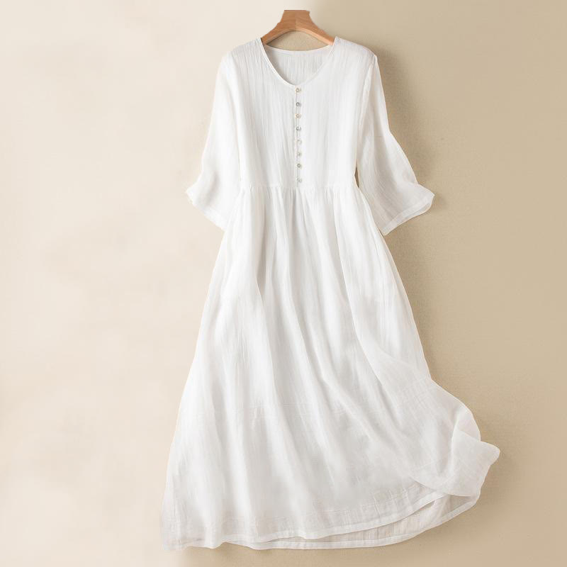 Buddha Stones Summer V-Neck Design Half Sleeve Cotton Midi Dress - White - US12，UK/AU16，EU44 (2XL) - image 17