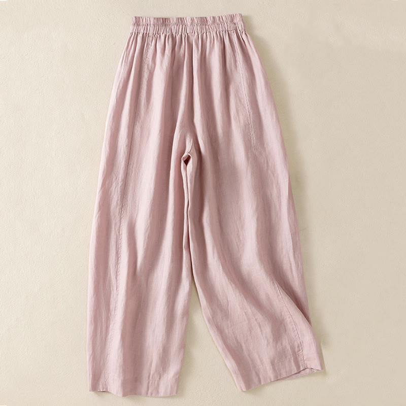 Buddha Stones Commute Plain Design Drawstring Cotton Linen Women's Wide Leg Pants With Pockets - image 21