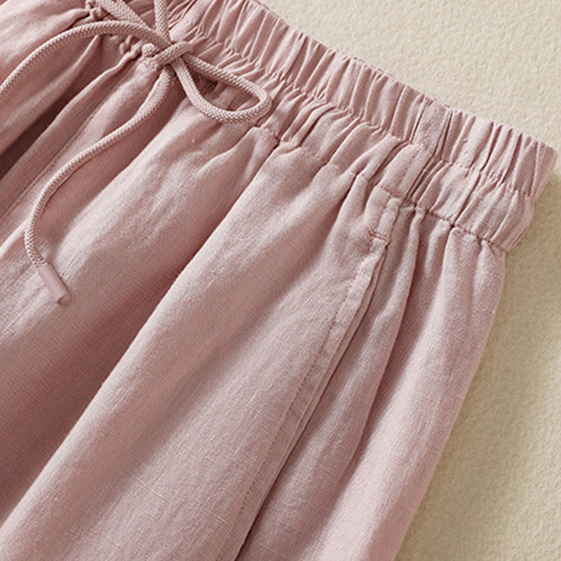 Buddha Stones Commute Plain Design Drawstring Cotton Linen Women's Wide Leg Pants With Pockets - image 22