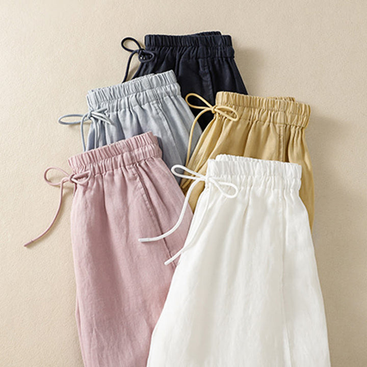 Buddha Stones Commute Plain Design Drawstring Cotton Linen Women's Wide Leg Pants With Pockets - image 35