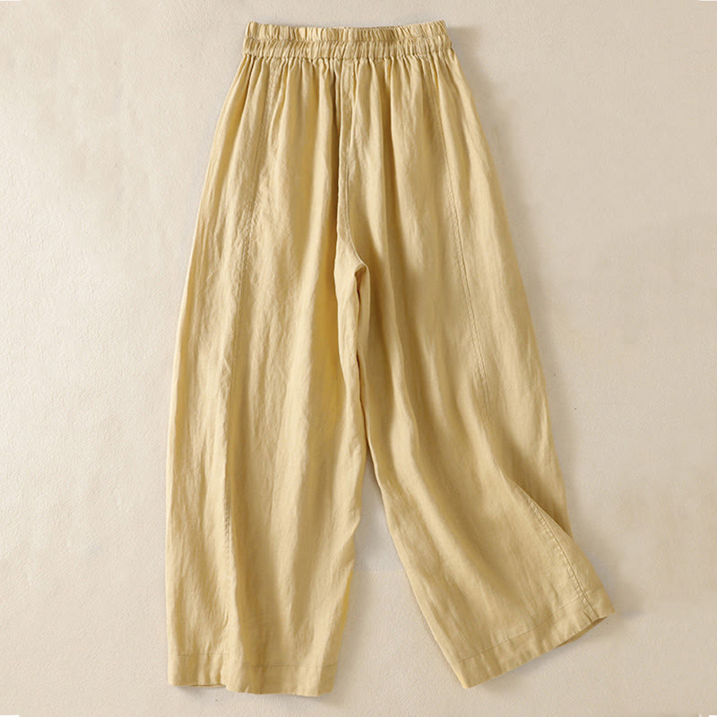 Buddha Stones Commute Plain Design Drawstring Cotton Linen Women's Wide Leg Pants With Pockets - image 9