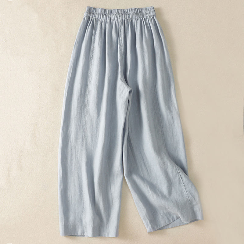 Buddha Stones Commute Plain Design Drawstring Cotton Linen Women's Wide Leg Pants With Pockets - image 1
