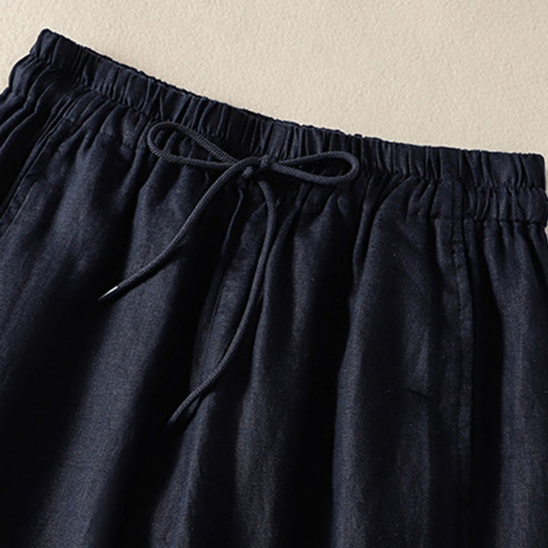 Buddha Stones Commute Plain Design Drawstring Cotton Linen Women's Wide Leg Pants With Pockets - image 15