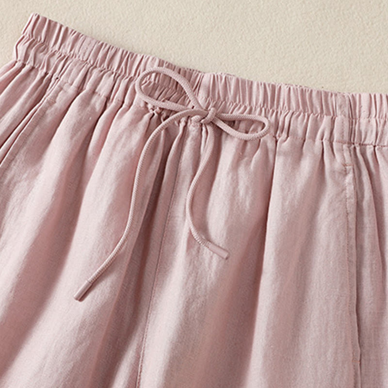 Buddha Stones Commute Plain Design Drawstring Cotton Linen Women's Wide Leg Pants With Pockets - image 22
