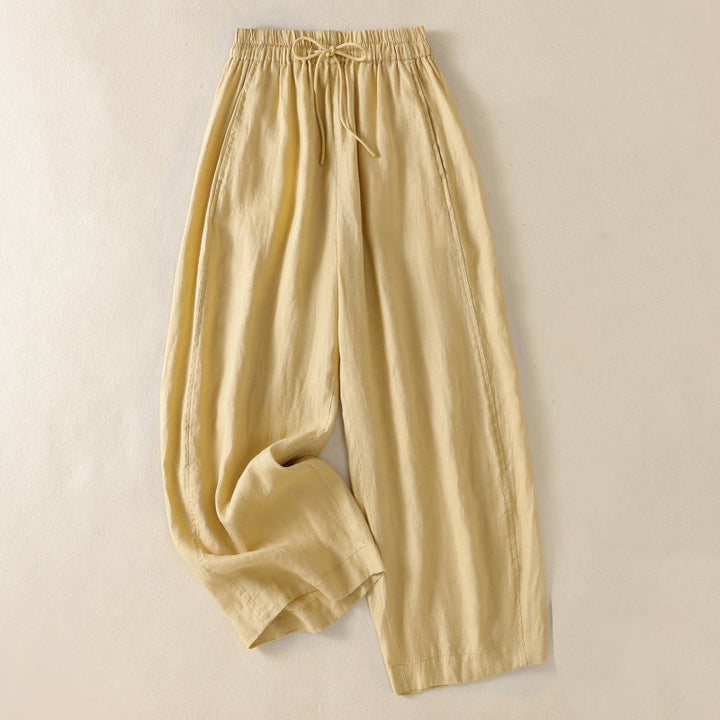 Buddha Stones Commute Plain Design Drawstring Cotton Linen Women's Wide Leg Pants With Pockets - Khaki - US8-10，UK/AU12-14，EU40-42 (2XL) - image 7