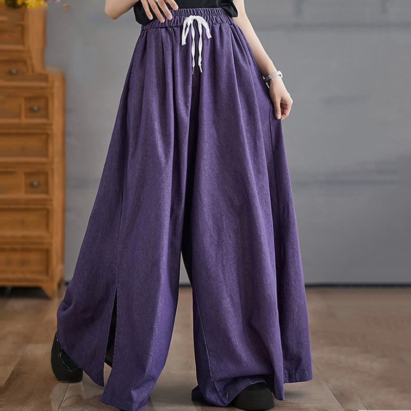 Buddha Stones Retro Leg Opening Slit Design Cotton Women's Wide Leg Pants With Pockets - image 3