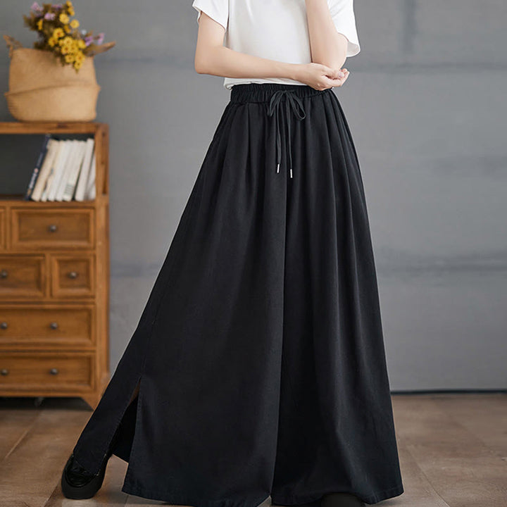 Buddha Stones Retro Leg Opening Slit Design Cotton Women's Wide Leg Pants With Pockets - image 12