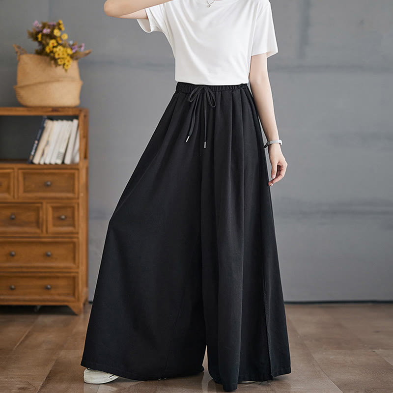 Buddha Stones Retro Leg Opening Slit Design Cotton Women's Wide Leg Pants With Pockets - image 11