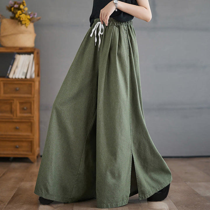Buddha Stones Retro Leg Opening Slit Design Cotton Women's Wide Leg Pants With Pockets - OliveDrab - US12，UK/AU16，EU44 (3XL) - image 6