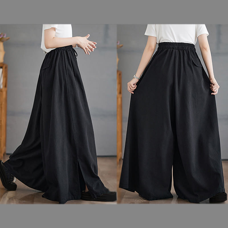 Buddha Stones Retro Leg Opening Slit Design Cotton Women's Wide Leg Pants With Pockets - image 19