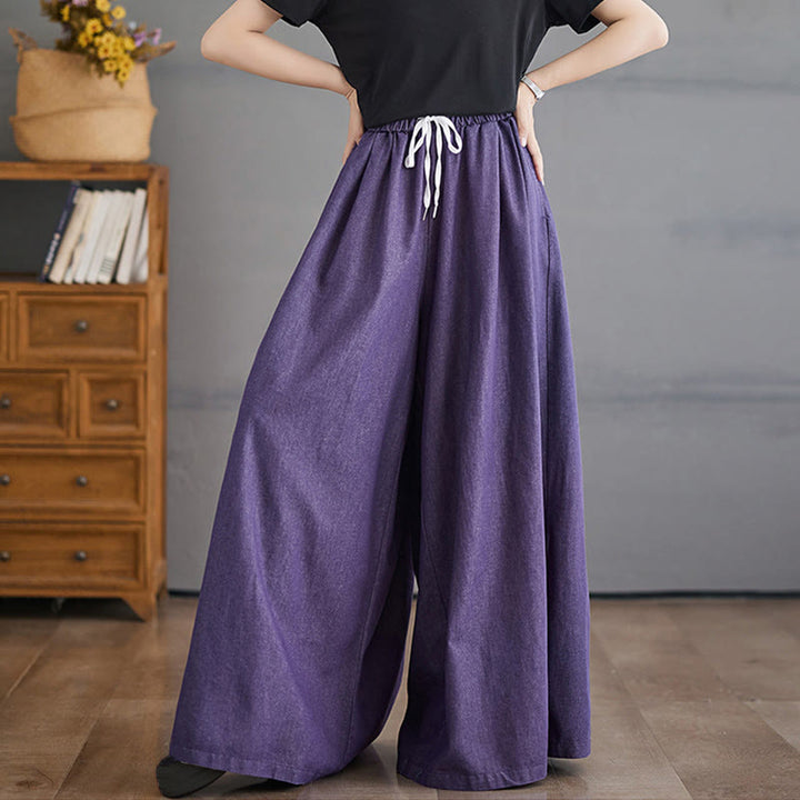 Buddha Stones Retro Leg Opening Slit Design Cotton Women's Wide Leg Pants With Pockets - image 1