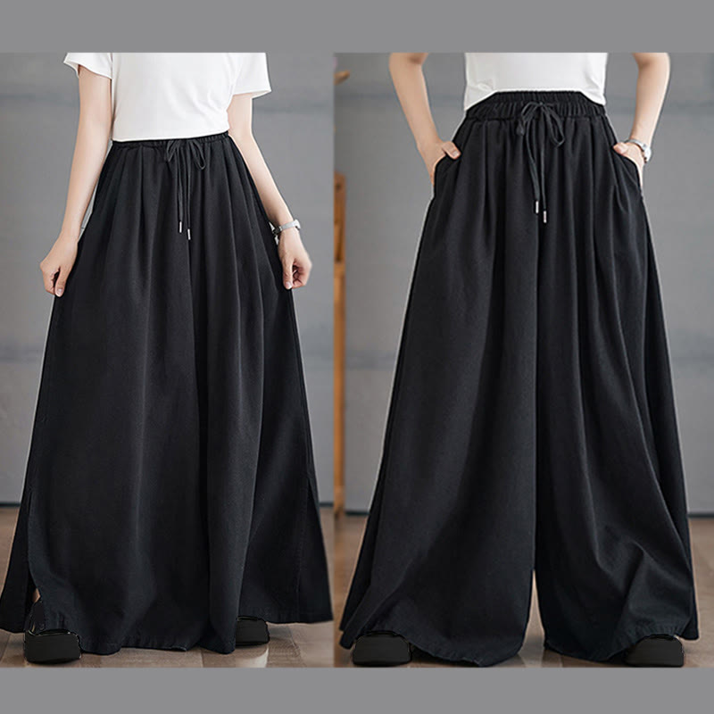 Buddha Stones Retro Leg Opening Slit Design Cotton Women's Wide Leg Pants With Pockets - image 21