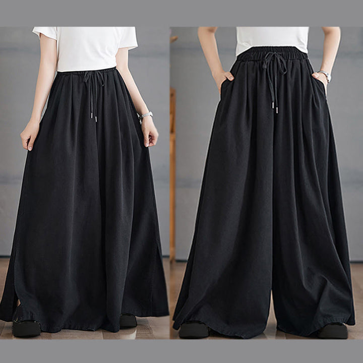 Buddha Stones Retro Leg Opening Slit Design Cotton Women's Wide Leg Pants With Pockets - image 21