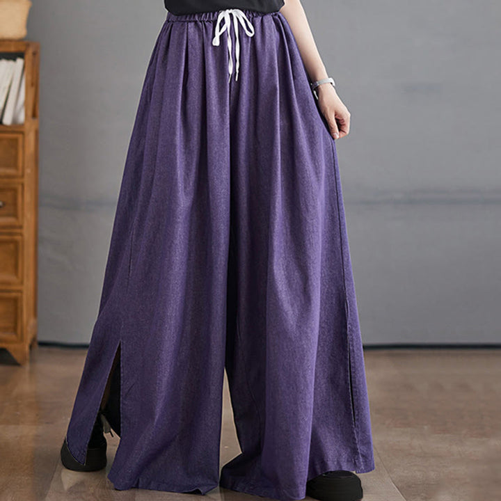 Buddha Stones Retro Leg Opening Slit Design Cotton Women's Wide Leg Pants With Pockets - image 4