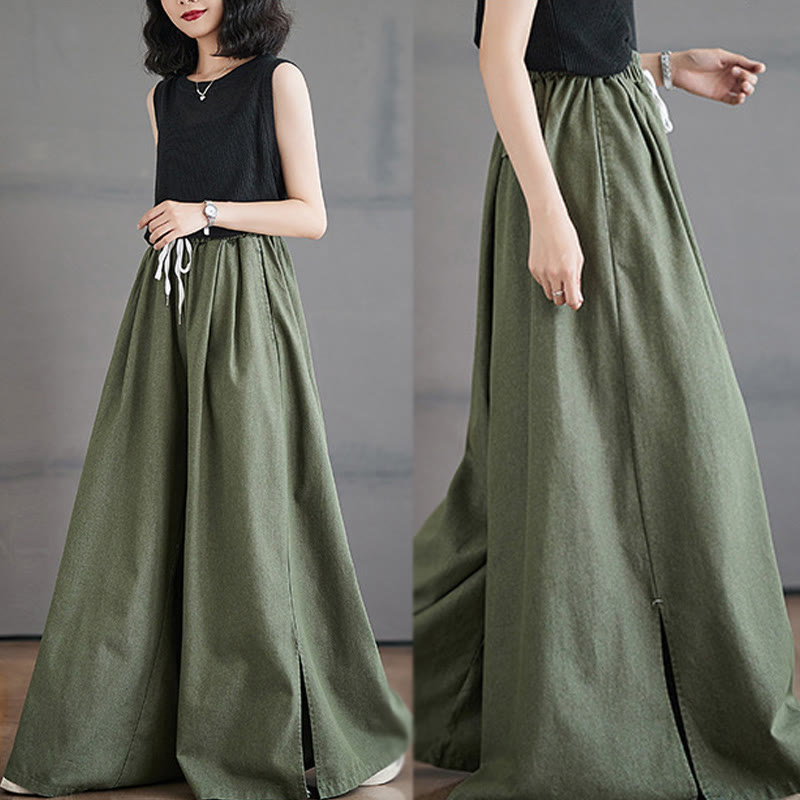 Buddha Stones Retro Leg Opening Slit Design Cotton Women's Wide Leg Pants With Pockets - image 9