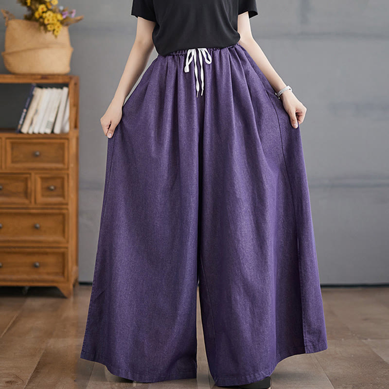 Buddha Stones Retro Leg Opening Slit Design Cotton Women's Wide Leg Pants With Pockets - image 2