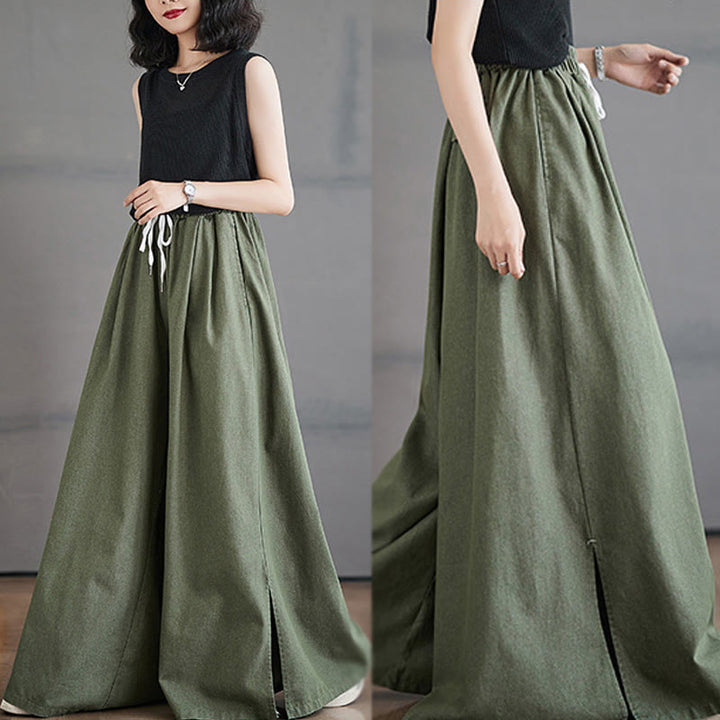 Buddha Stones Retro Leg Opening Slit Design Cotton Women's Wide Leg Pants With Pockets - image 8