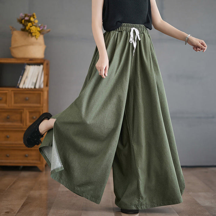 Buddha Stones Retro Leg Opening Slit Design Cotton Women's Wide Leg Pants With Pockets - image 6