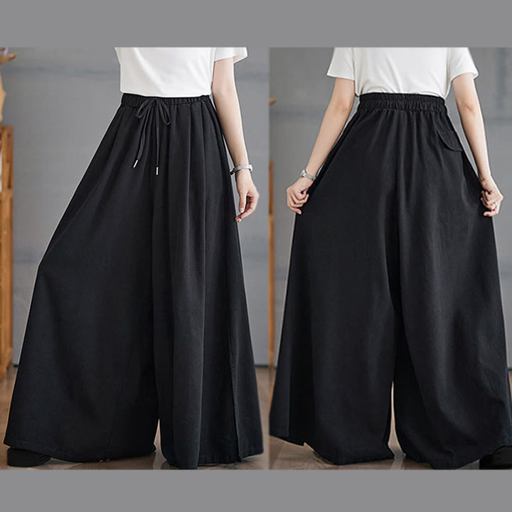 Buddha Stones Retro Leg Opening Slit Design Cotton Women's Wide Leg Pants With Pockets - image 18
