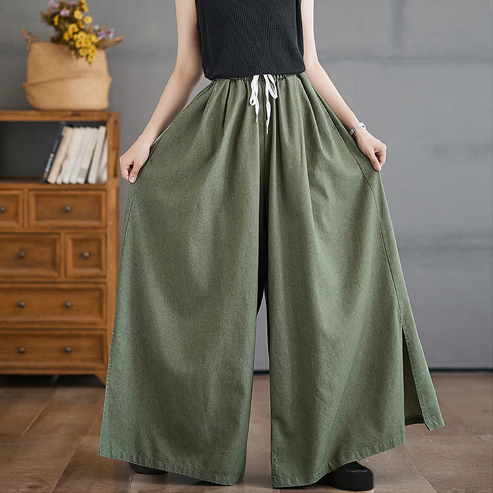 Buddha Stones Retro Leg Opening Slit Design Cotton Women's Wide Leg Pants With Pockets - image 7