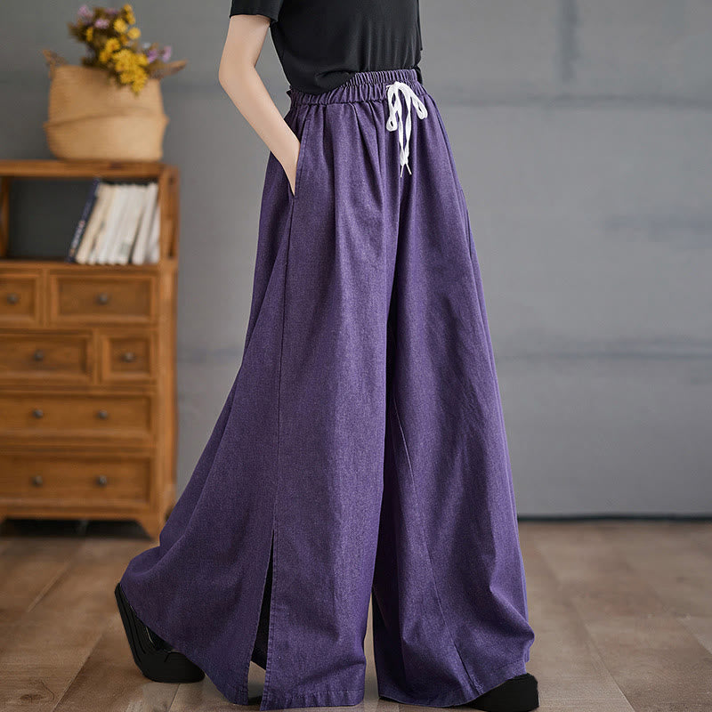 Buddha Stones Retro Leg Opening Slit Design Cotton Women's Wide Leg Pants With Pockets - DarkOrchid - US12，UK/AU16，EU44 (3XL) - image 1