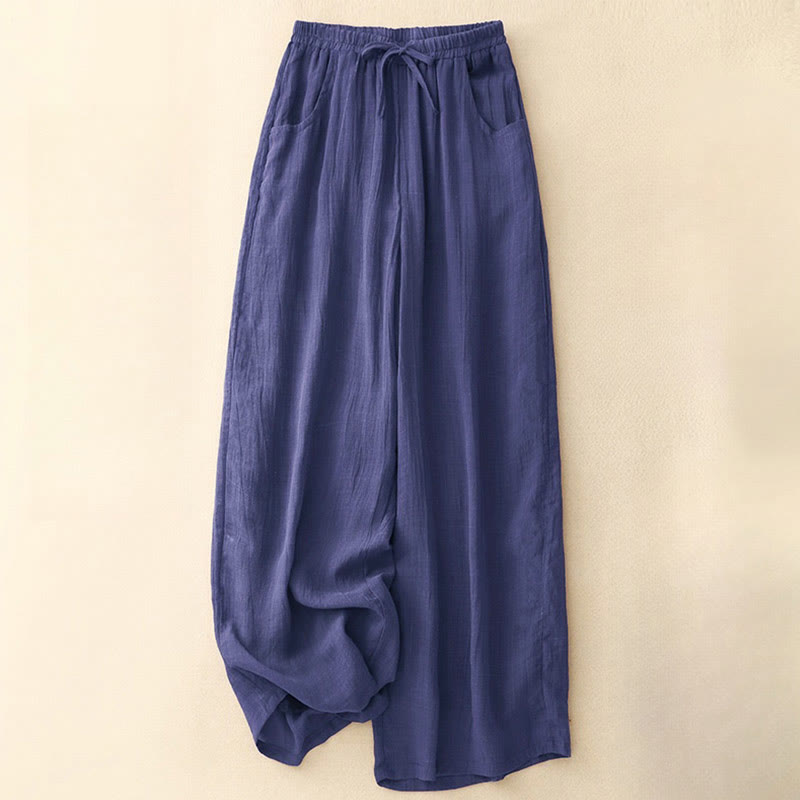 Buddha Stones Spring Pure Color Drawstring Double Layer Women's Wide Leg Pants With Pockets - Indigo - US8-10，UK/AU12-14，EU40-42 (2XL) - image 15