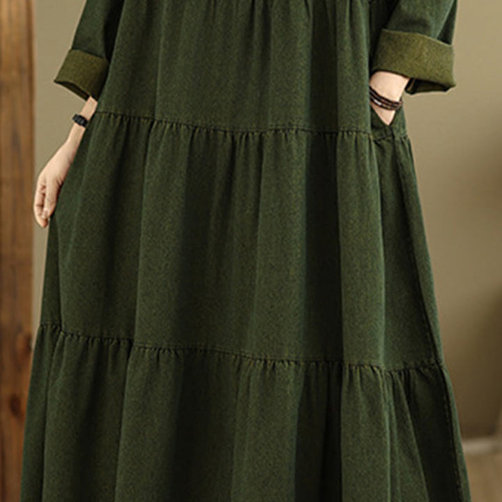 Buddha Stones DarkOliveGreen Patchwork Long Sleeve Design Cotton Women's Maxi Dress With Pockets - image 8