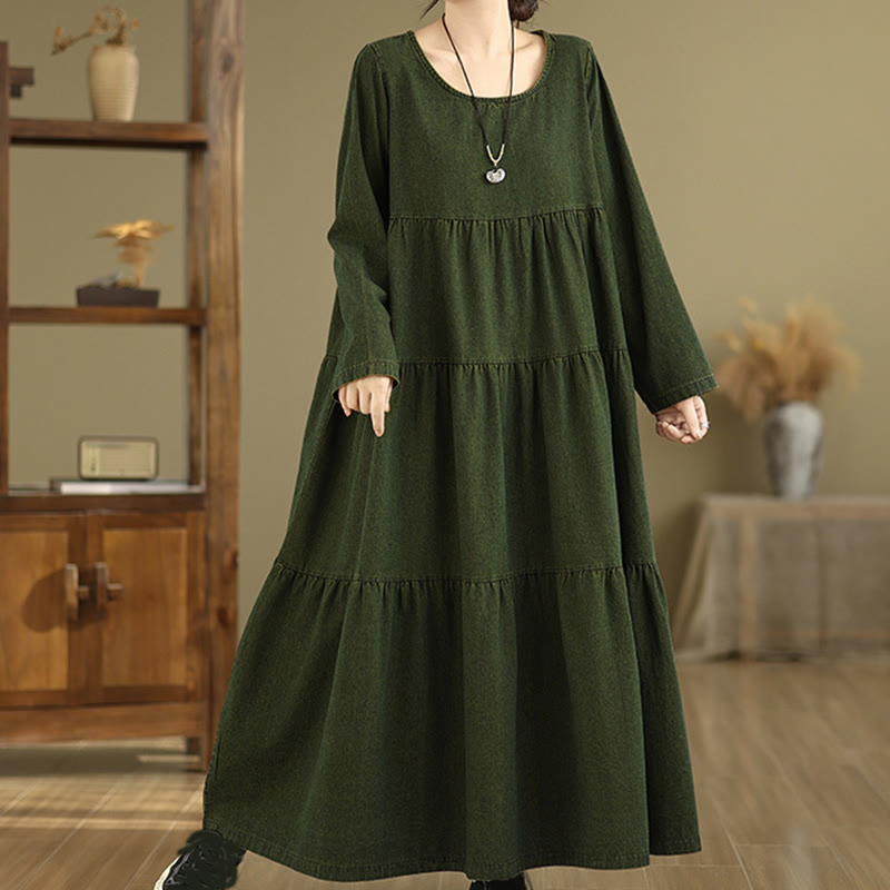 Buddha Stones DarkOliveGreen Patchwork Long Sleeve Design Cotton Women's Maxi Dress With Pockets - image 6