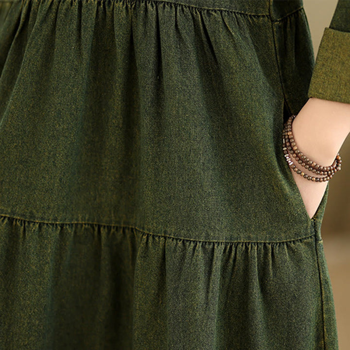 Buddha Stones DarkOliveGreen Patchwork Long Sleeve Design Cotton Women's Maxi Dress With Pockets - image 12