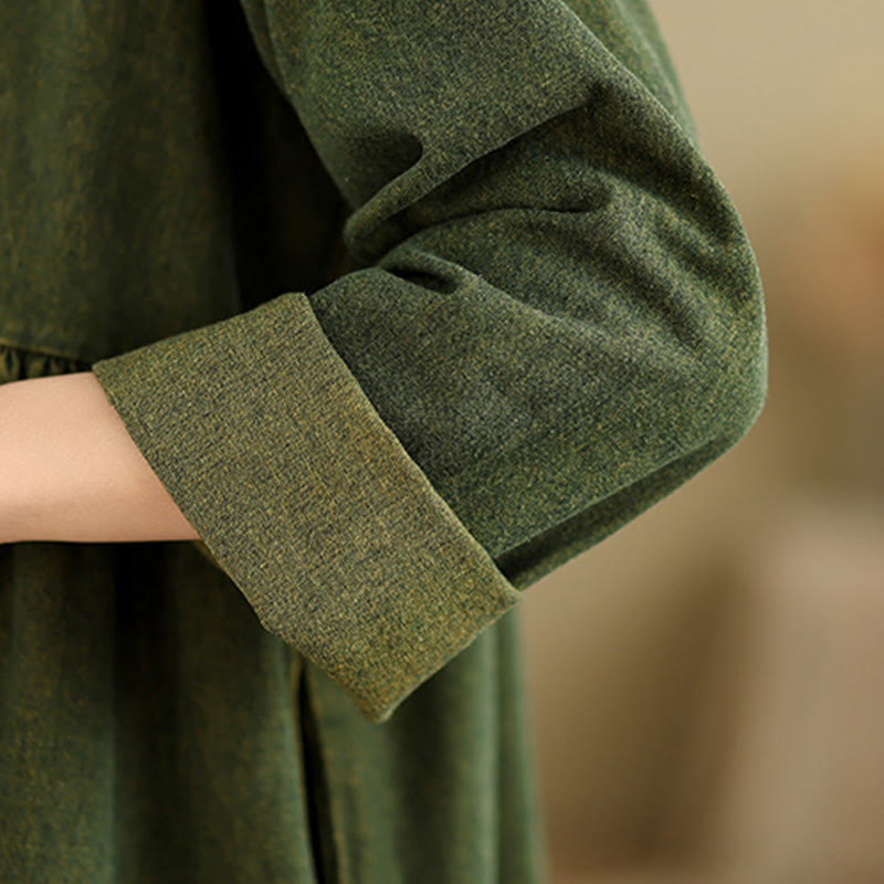 Buddha Stones DarkOliveGreen Patchwork Long Sleeve Design Cotton Women's Maxi Dress With Pockets - image 9