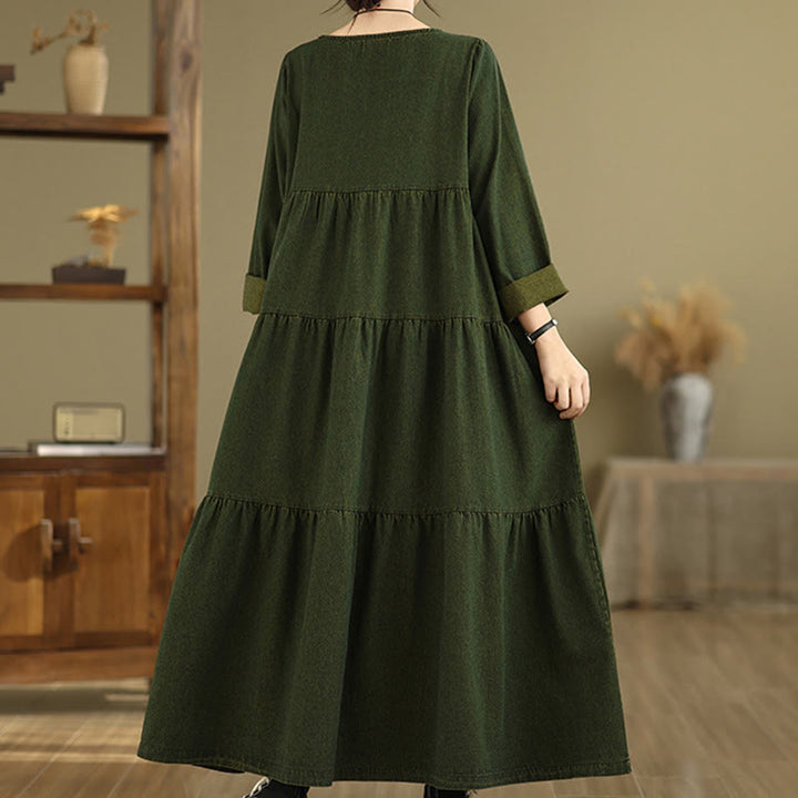 Buddha Stones DarkOliveGreen Patchwork Long Sleeve Design Cotton Women's Maxi Dress With Pockets - image 4