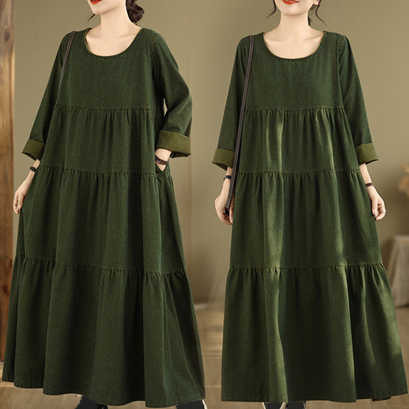 Buddha Stones DarkOliveGreen Patchwork Long Sleeve Design Cotton Women's Maxi Dress With Pockets - DarkOliveGreen - US14，UK/AU18，EU46 (3XL) - image 1