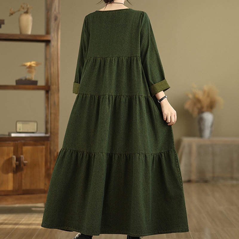 Buddha Stones DarkOliveGreen Patchwork Long Sleeve Design Cotton Women's Maxi Dress With Pockets - image 4