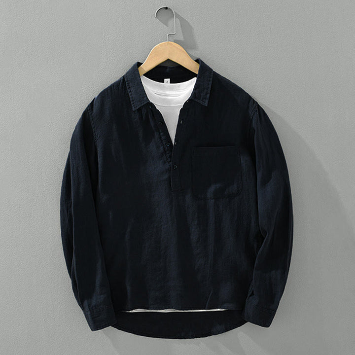 Buddha Stones Solid Color Loose Long Sleeve Half Button Shirt Linen Men Clothing - image 14
