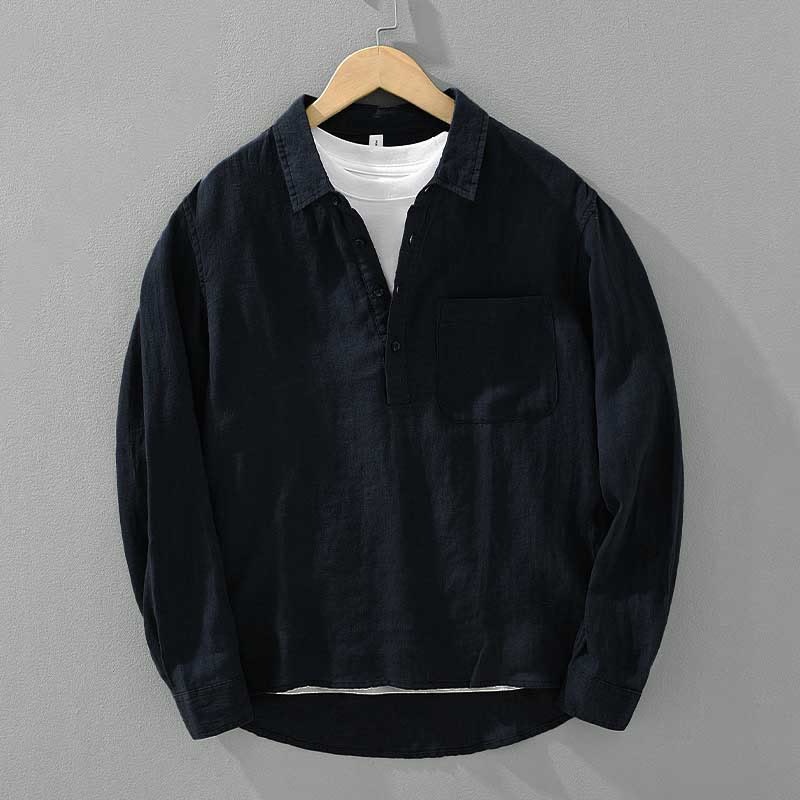 Buddha Stones Solid Color Loose Long Sleeve Half Button Shirt Linen Men Clothing - DarkBlue - US/UK/AU42，EU52 (3XL) - image 9