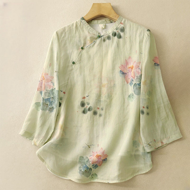 Buddha Stones Casual Women's Ink Lotus Pattern Frog-button Slanted Collar Design Three Quarter Sleeve Shirt - Beige - US8-10，UK/AU12-14，EU40-42 (2XL) - image 0