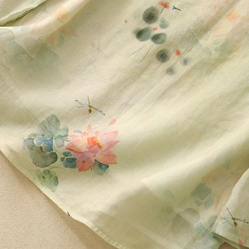 Buddha Stones Casual Women's Ink Lotus Pattern Frog-button Slanted Collar Design Three Quarter Sleeve Shirt - image 7