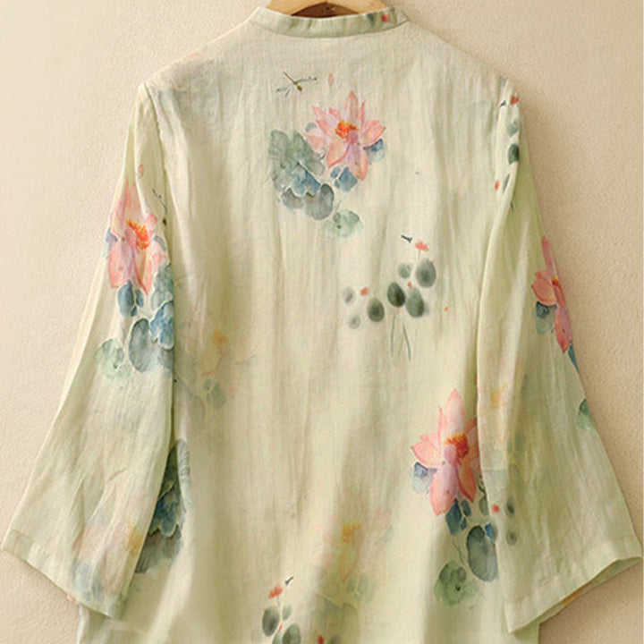 Buddha Stones Casual Women's Ink Lotus Pattern Frog-button Slanted Collar Design Three Quarter Sleeve Shirt - image 5