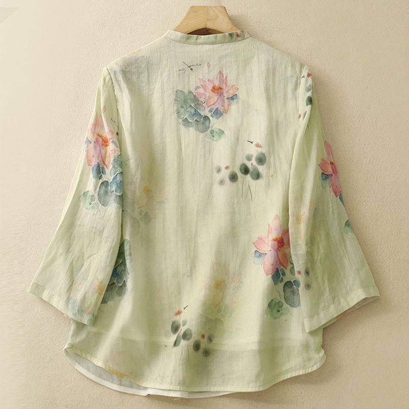 Buddha Stones Casual Women's Ink Lotus Pattern Frog-button Slanted Collar Design Three Quarter Sleeve Shirt - image 1