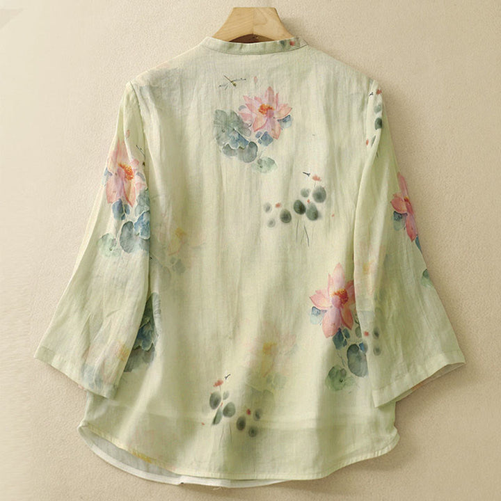 Buddha Stones Casual Women's Ink Lotus Pattern Frog-button Slanted Collar Design Three Quarter Sleeve Shirt - image 1