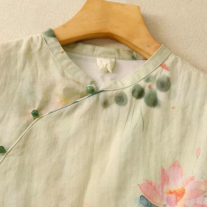 Buddha Stones Casual Women's Ink Lotus Pattern Frog-button Slanted Collar Design Three Quarter Sleeve Shirt - image 3