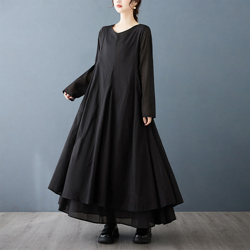 Buddha Stones Spring Double Layer Design Cotton Long Sleeve Women's Midi Dress - image 4