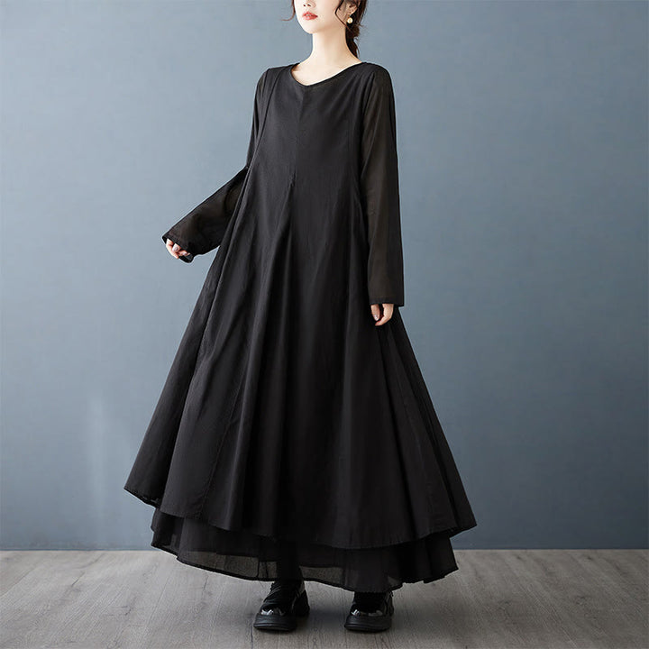 Buddha Stones Spring Double Layer Design Cotton Long Sleeve Women's Midi Dress - image 4