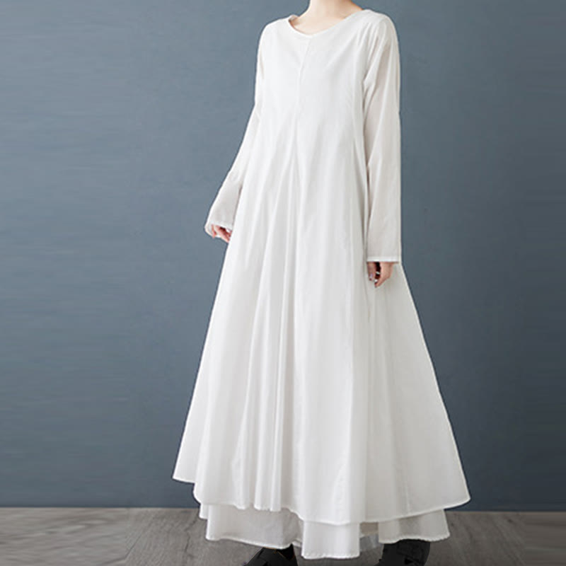 Buddha Stones Spring Double Layer Design Cotton Long Sleeve Women's Midi Dress - image 1