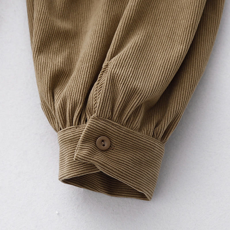 Buddha Stones Casual Tan Cotton Linen Corduroy Puff Long Sleeve Midi Dress - image 9