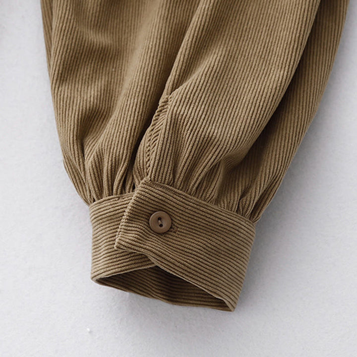 Buddha Stones Casual Tan Cotton Linen Corduroy Puff Long Sleeve Midi Dress - image 9
