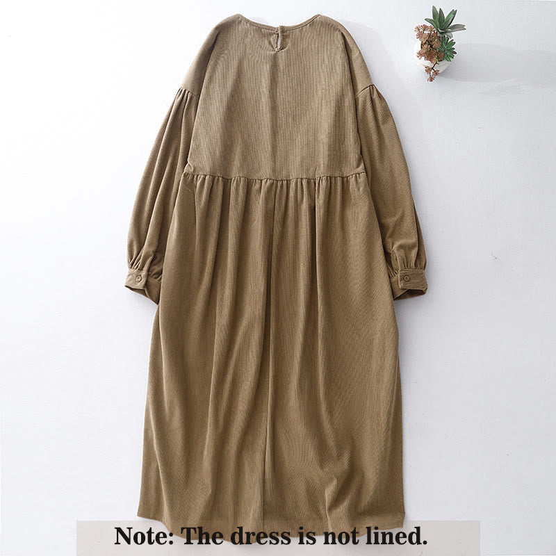 Buddha Stones Casual Tan Cotton Linen Corduroy Puff Long Sleeve Midi Dress - image 2